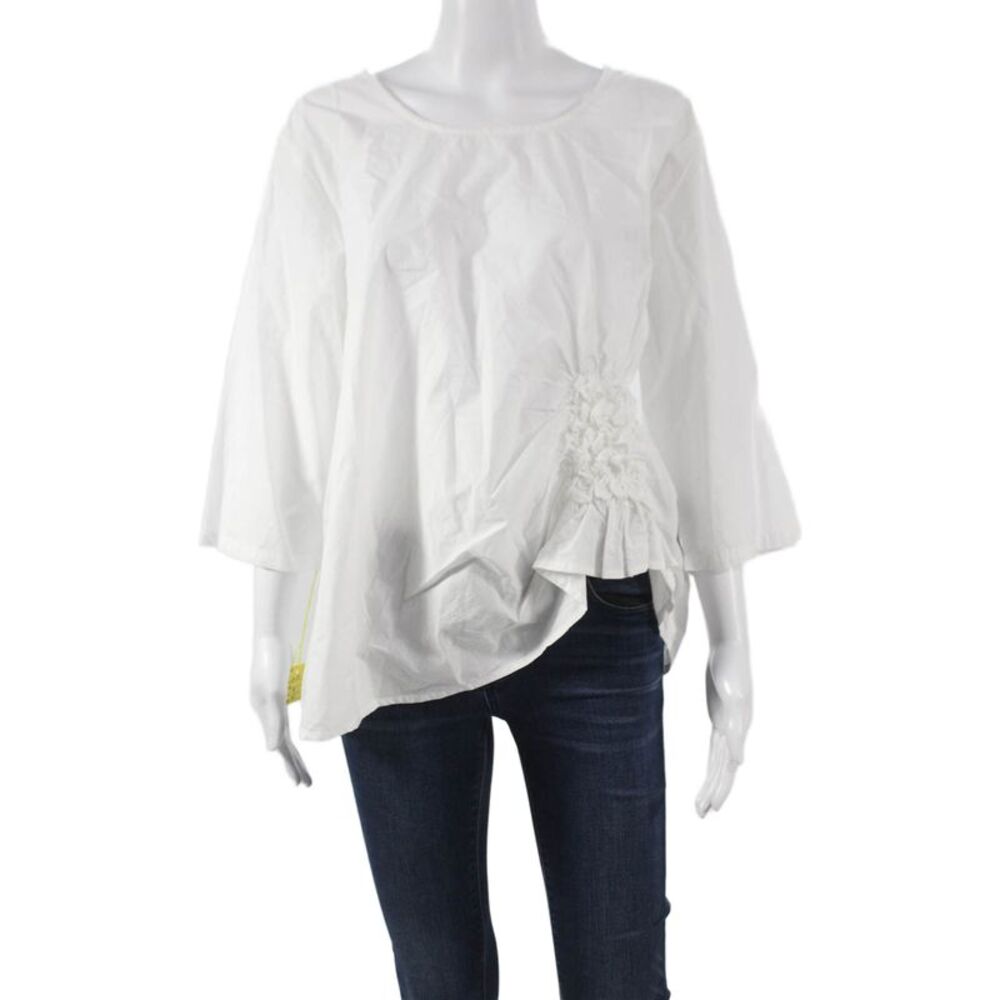 Tulip Women Tunic Blouse White Cotton Round Neck 3/4 Sleeve Pullover Size M